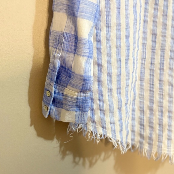 Entro Blue & White Plaid & Stripe Colour Blocked Cotton Button Up Shirt - Picture 12 of 13